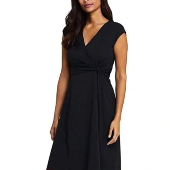 Lands' End 2X Cap Sleeve Surplice Wrap Dress Black Solid - Picture 1 of 7